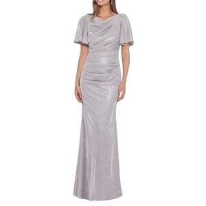 Betsy & Adam Silver Metallic Gown Evening Formal Dress Flutter Sleeve Size 4 EUC